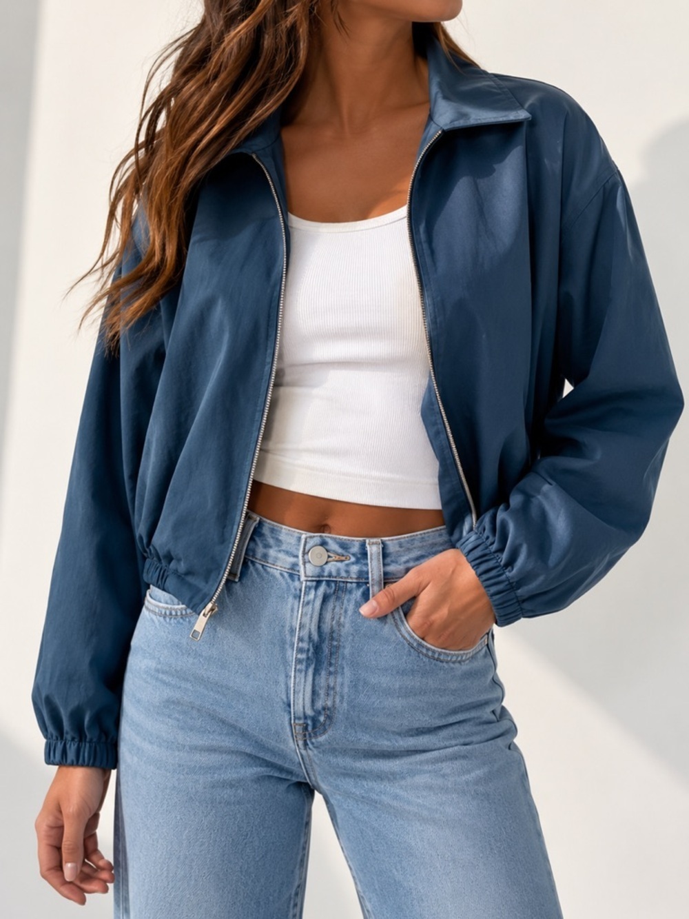 Zara Cropped Blue-Green Zip Front Lightweight Jacket